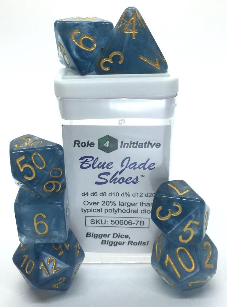 Set of 7 Dice: Blue Jade Shoes w/ Metallic Gold Nums