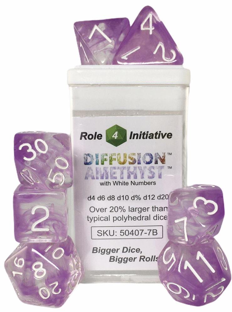 Set of 7 Dice: Diffusion Amethyst w/ White Numbers