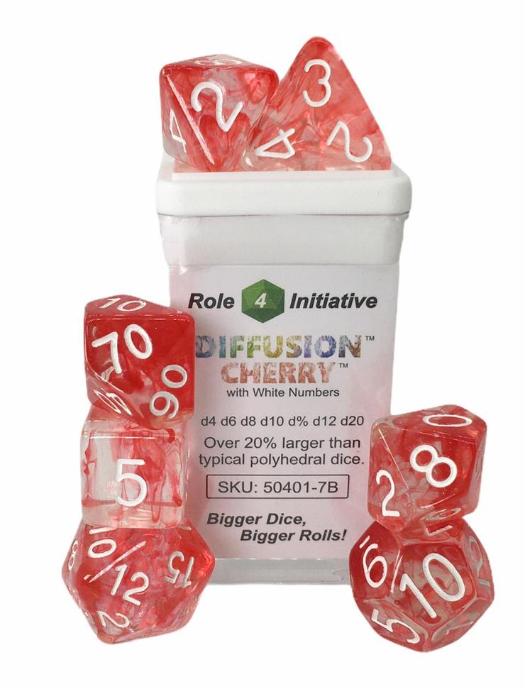 Set of 7 Dice: Diffusion Cherry w/ White Numbers