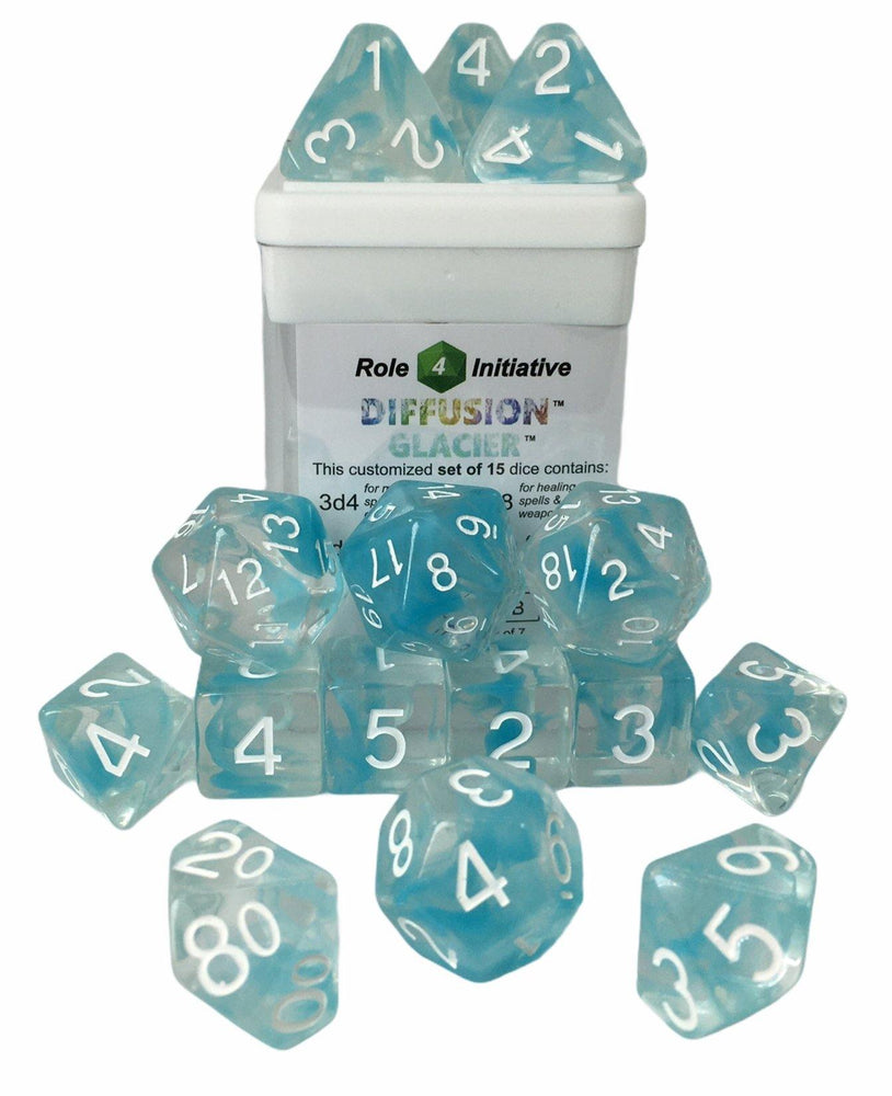 Set of 15 Dice: Diffusion Glacier w/ White Numbers