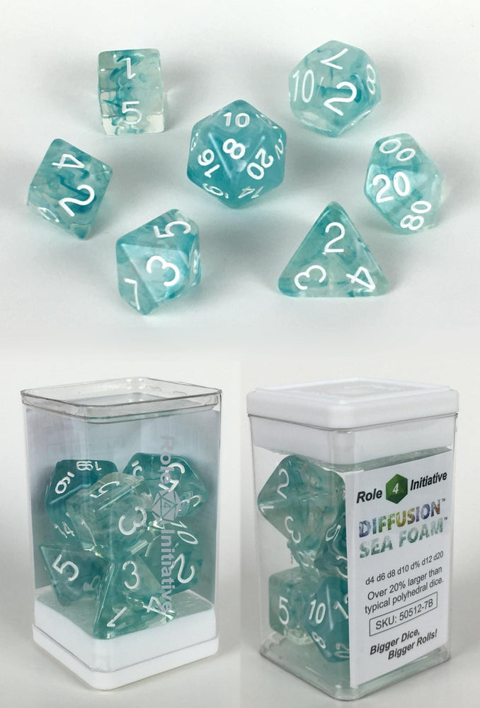 Set of 7 Dice: Diffusion Sea Foam w/ White Numbers