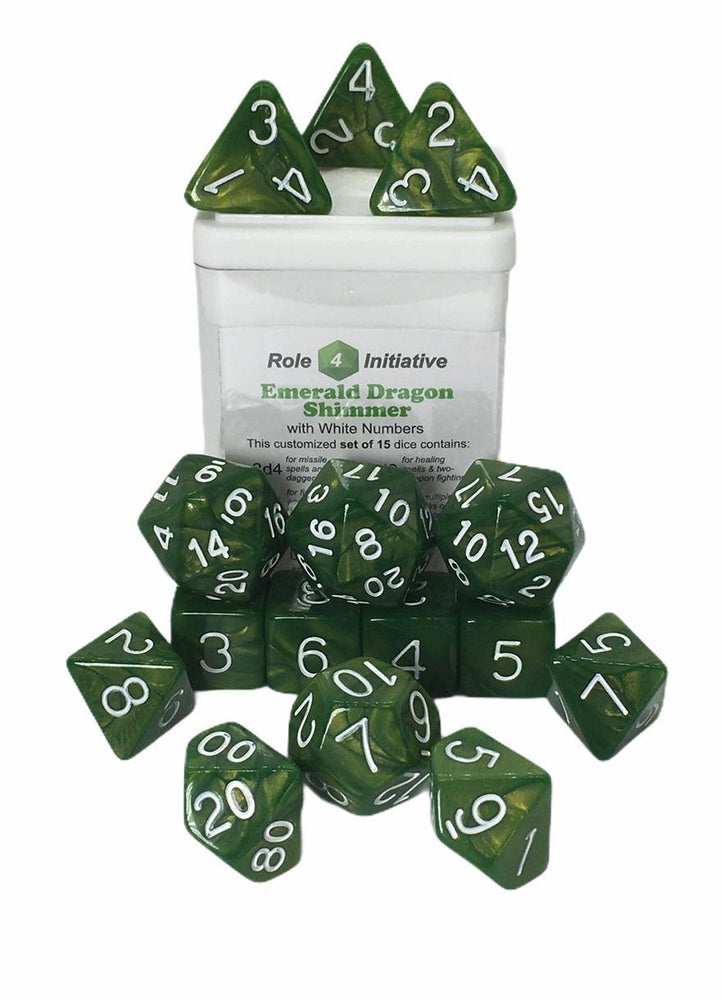 Set of 15 Dice: Emerald Dragon Shimmer w/ White Nums