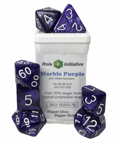 Set of 7 Dice: Marble Purple w/ White Numbers