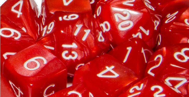 Set of 7 Dice: Marble Red w/ White Numbers