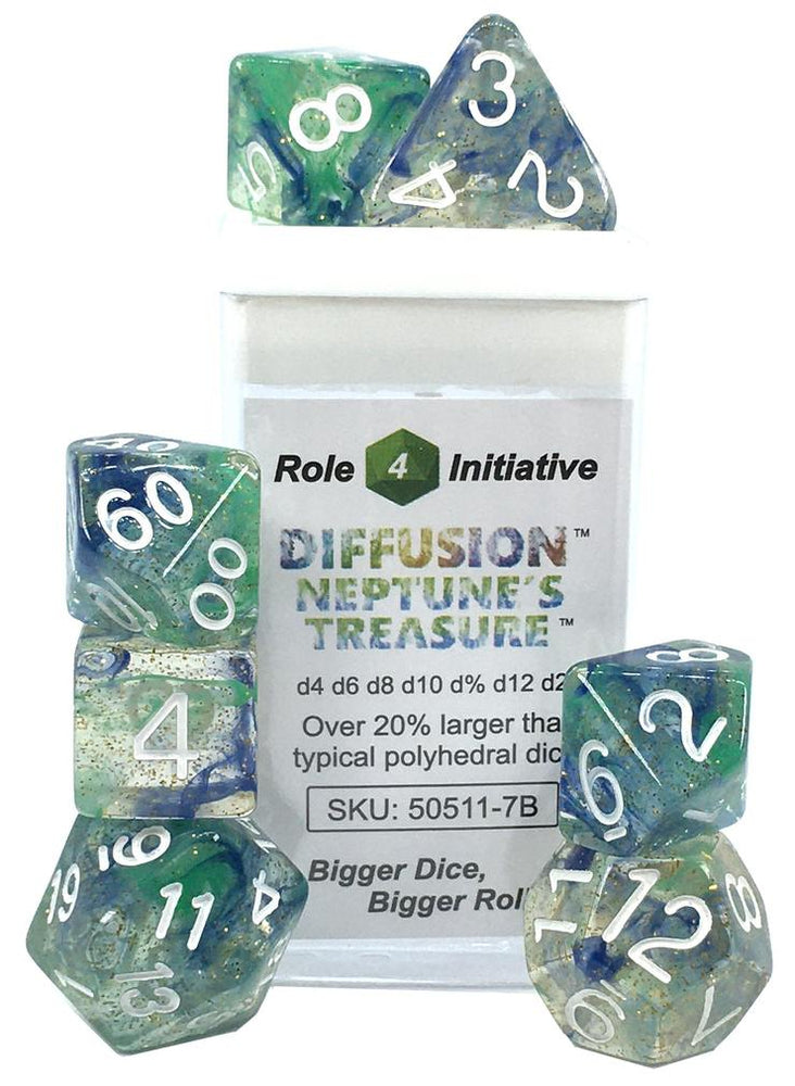 Set of 7 Dice: Diffusion Neptune's Treasure w/ White Numbers