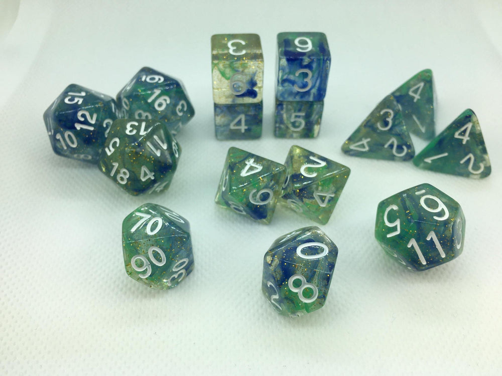 Set of 15 Dice: Diffusion Neptune's Treasure w/ White Numbers
