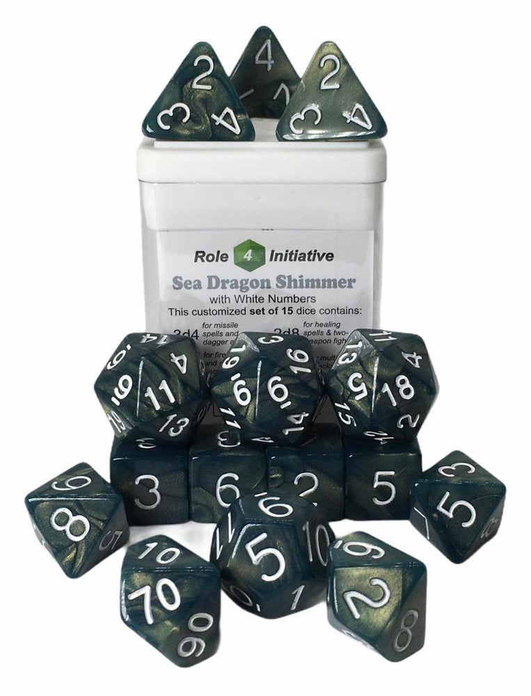 Set of 15 Dice: Sea Dragon Shimmer w/ White Numbers