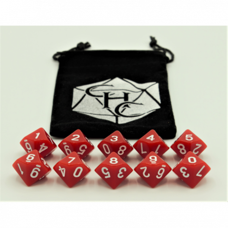 Critical Hit Collectibles: Red Set of 10 D10's Opaque Dice with White Numbers for D20 based RPG's