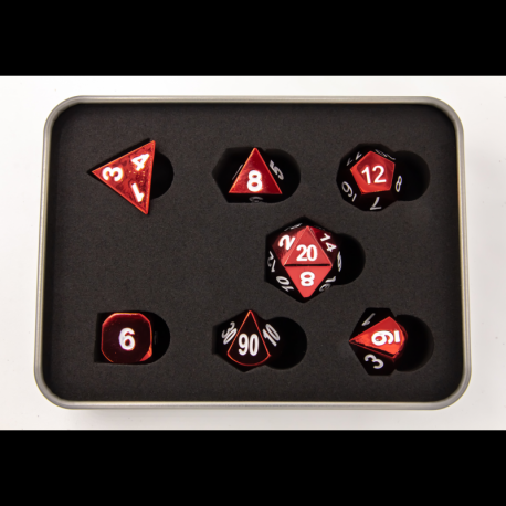 Critical Hit Collectibles: Red Set of 7 Metal Polyhedral Dice with White Numbers for D20 based RPG's